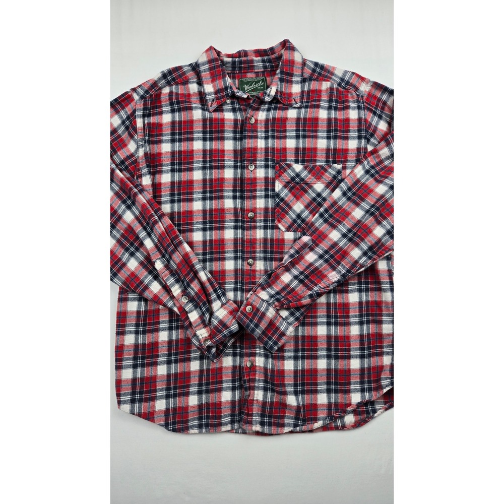 Woolrich Mens Large Red White Blue Plaid Flannel Long Sleeve Button Down Shirt